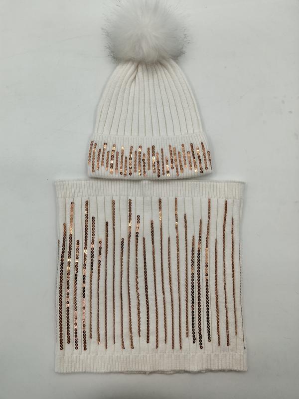 White ribbed knit winter hat with faux fur pom pom and rose gold sequin stripes, paired with matching neck warmer snood - wholesale price for Middle East buyers