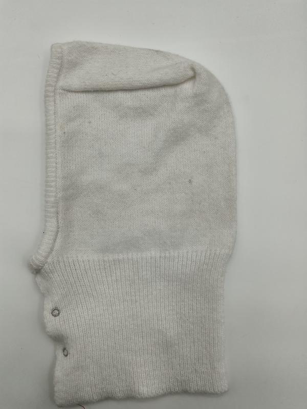 White knitted balaclava ski mask with ribbed trim and metal snap buttons on white background - BSCI audit passed supplier