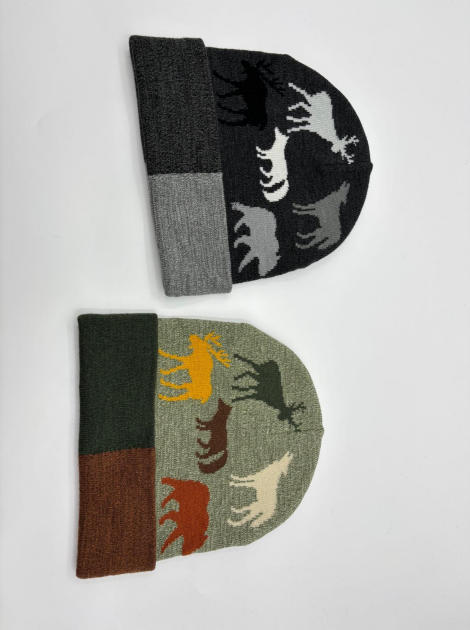 Two knit beanies with jacquard wildlife silhouettes — deer, moose, wolf, bear — in charcoal gray and sage green colorways with color-block cuffs - corporate gift customization