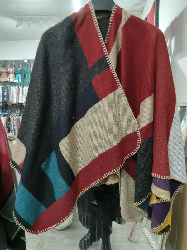 Oversized wool blend poncho wrap with geometric color block pattern in charcoal, red, teal, and beige with blanket stitch edges - 5-day digital sample ready