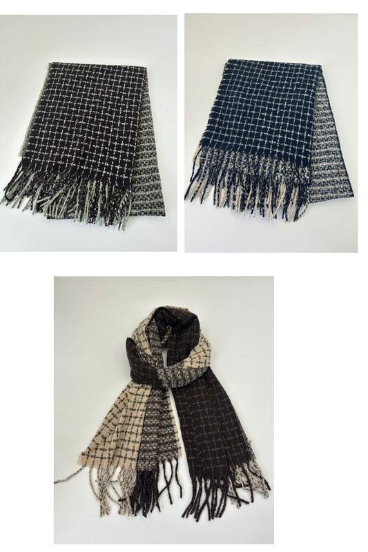 Folded and draped woven check scarves with fringe trim shown in black, navy, and beige colorways - winter accessories wholesaler