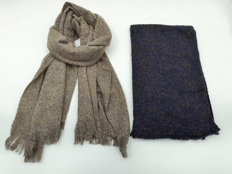 Two woven fringe scarves side by side: draped taupe heathered scarf and folded navy blue tweed scarf on white background - WhatsApp quote in 2 hours