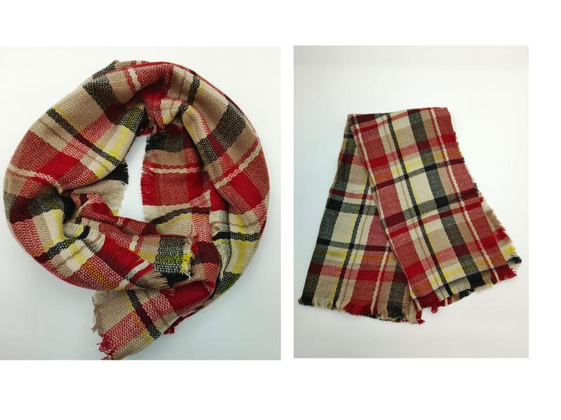 Woven plaid scarf in red, beige, yellow and black with fringe edges, shown looped and folded flat - corporate gift customization